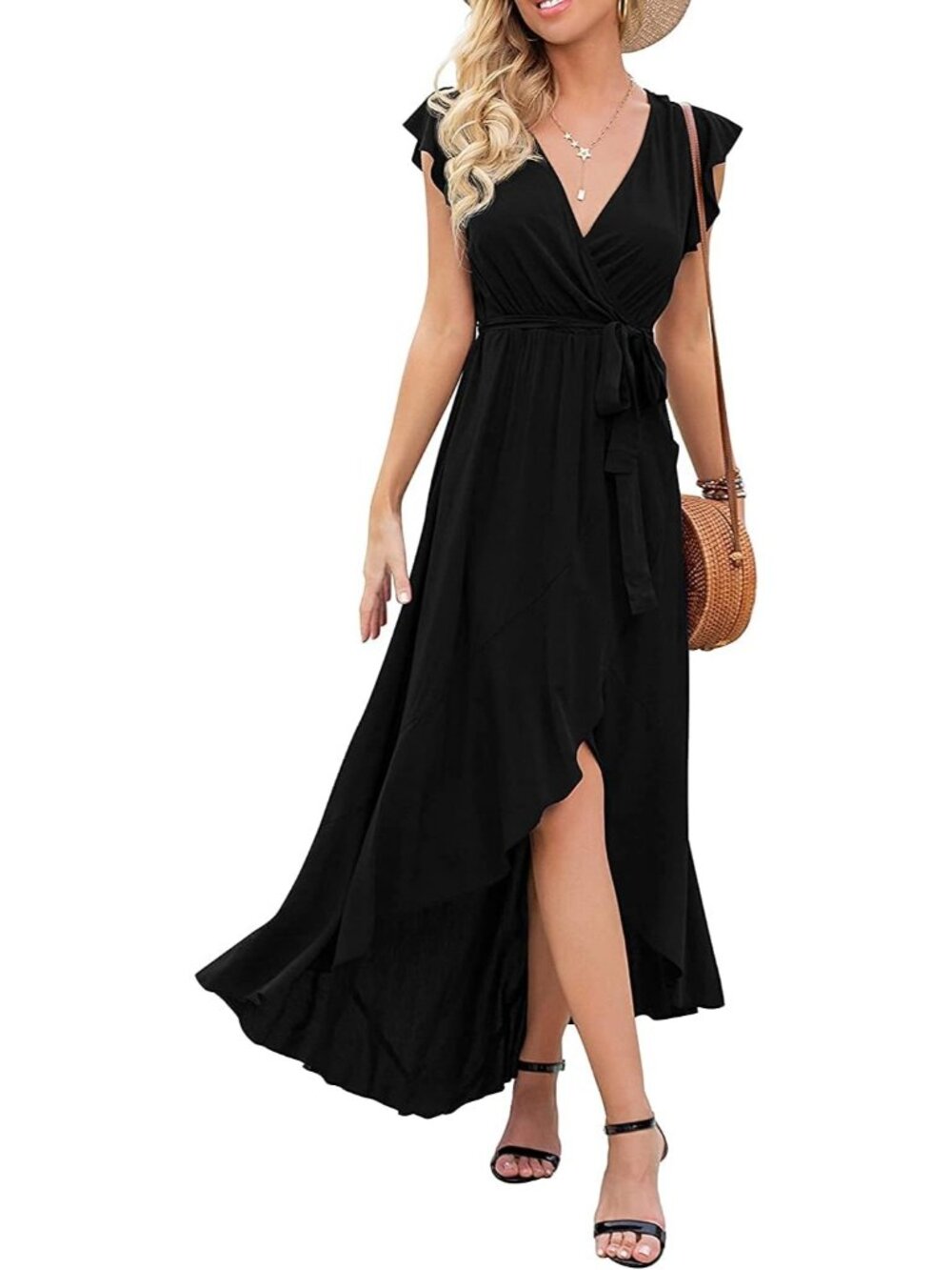 Women's Black Wrap Boho Beach Vacation Wrap V Neck Summer Long Maxi Dress
